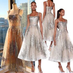 🆕 BRONX & BANCO 🧿 NWOT Mademoiselle Silver Sequin Midi Dress , Size M US 6